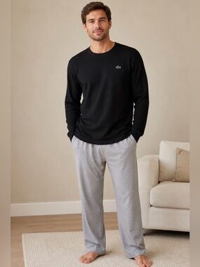 Lacoste Sleepwear Men’s XXL Black Waffle Knit Thermal Long Sleeve Lounge Shirt